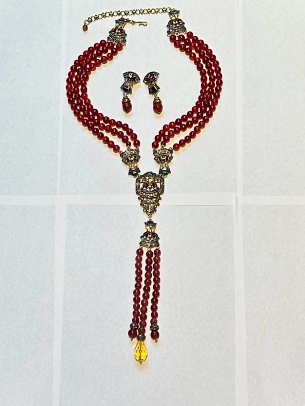 Heidi Daus Majestic Elegance Beaded Tassel Necklace & Crystal Earrings Set NWOB